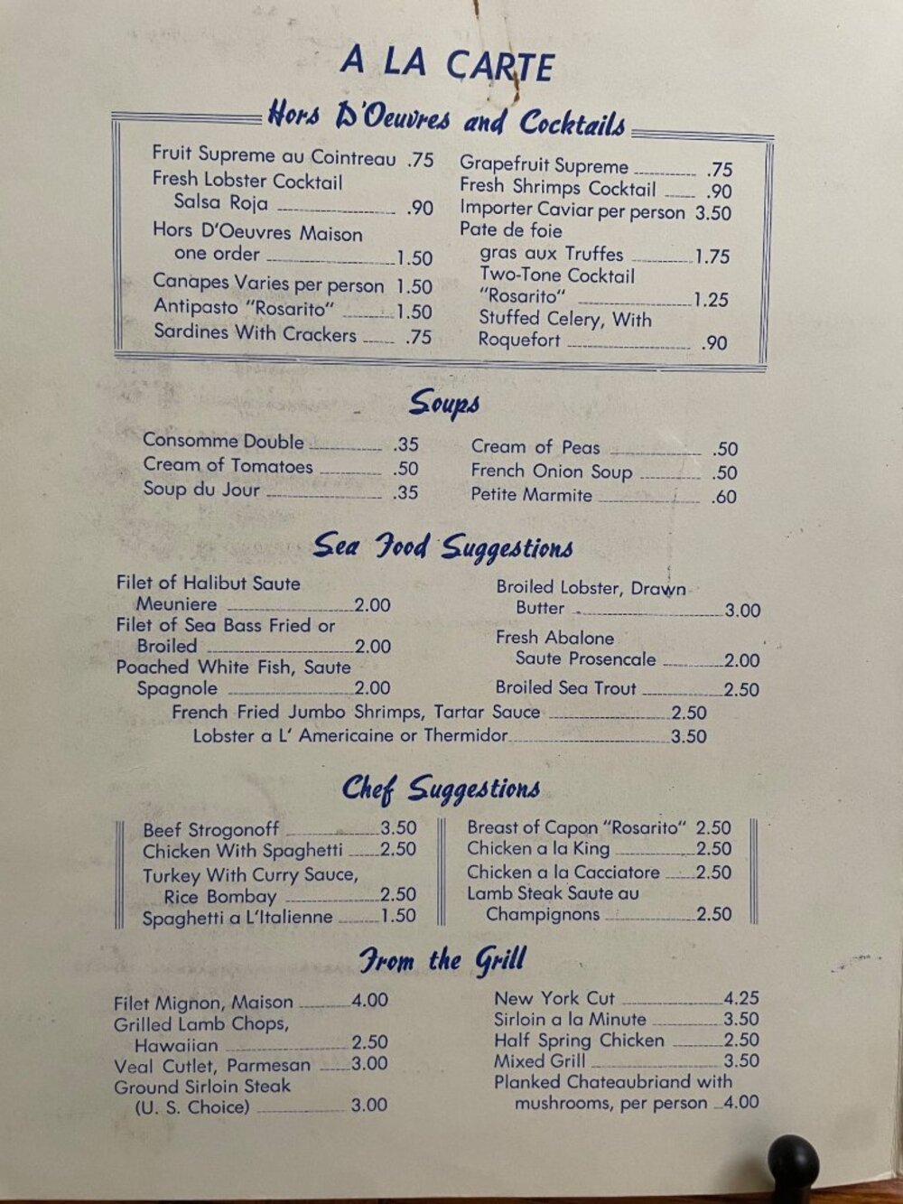 Vintage 1959 Rosarito Beach Hotel Menu Mexico Blue Cover Illustrated A La Carte - Picture 2 of 5